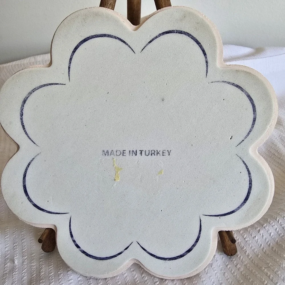 Turkish Handmade Ceramic Trivet  Iznik Floral Design w/ Scalloped Edge Foam...